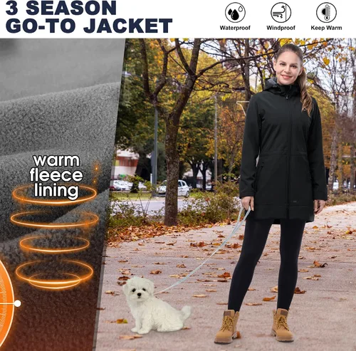 Vista 6 de 33,000ft Chaqueta impermeable Softshell larga para mujer con capucha forro polar cortavientos cortavientos