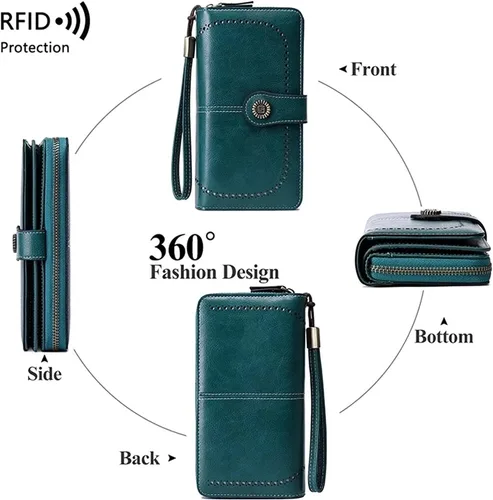Vista 6 de SKUZA Billetera, bolsa para tarjetas, cartera de piel con bloqueo RFID, carteras de cuero para mujer, cremallera larga, bolsa de embrague
