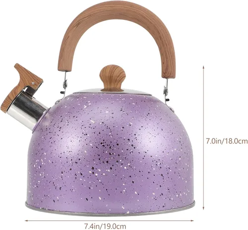 Vista 2 de Tetera de té silbante, hervidor de agua de acero inoxidable con mango de madera, cubierta de boquilla de bloqueo, camping para inducción de gas