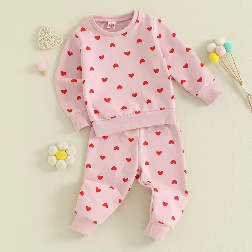 Vista 2 de ICECTR Conjunto de 2 piezas de sudadera de manga larga con estampado de corazón para bebés, niños y niñas, ropa casual