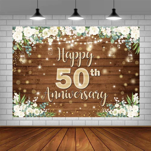 Vista 8 de AIBIIN Telón de fondo de feliz aniversario de 7 x 5 pies para parejas que saludan a 50 años, decoración de fiesta de cumpleaños, flores blancas