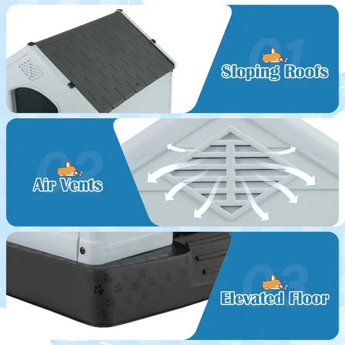 Vista 5 de Casa para perros pequeños, casas para perros para interiores y exteriores, con rejillas de ventilación y suelo elevado, 27.5 x 25.5 x 28 pulgadas