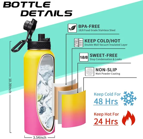 Vista 3 de Botella de agua con aislamiento de acero inoxidable de 40 onzas, reutilizable, con tapas de pajilla y boquilla, asa de cuerda de paracaídas, funda