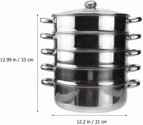 Vista 3 de Hemoton Olla de vapor de acero inoxidable de 14.7 pulgadas, olla multifuncional de 5 niveles para cocinar albóndigas, verduras, sopa, práctica