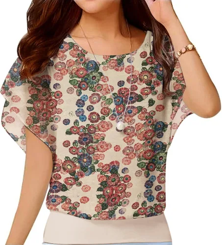 Vista 20 de VIISHOW - Blusa de gasa y de manga corta para mujer, estilo holgado y casual Negro