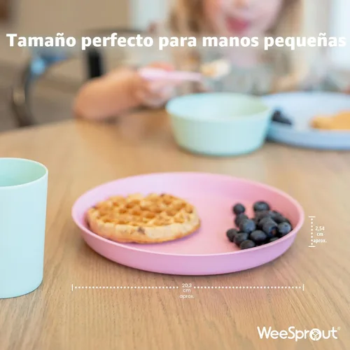 Vista 2 de WeeSprout Platos de bambú con tapas de silicona, juego de 4, vajilla de tamaño infantil, cereales, sobras y aperitivos, vajilla de melamina apta