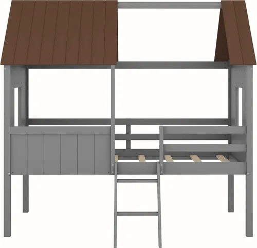 Vista 4 de Quarte Fun House - Cama con techo y dos ventanas laterales, cama baja de madera tamaño individual con escaleras pequeñas y barandilla, para niños
