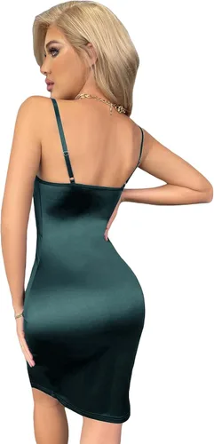 Vista 2 de WDIRARA Minivestido de encaje transparente de satén con abertura dividida para mujer