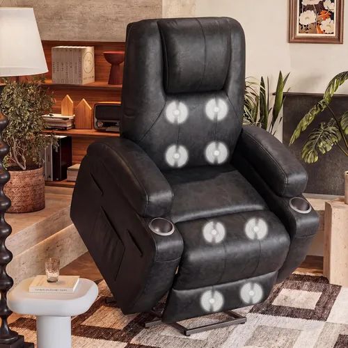 Vista 11 de Furmax Silla reclinable eléctrica con masaje para personas mayores, tela de pana, sillón reclinable individual con portavasos, bolsillos laterales