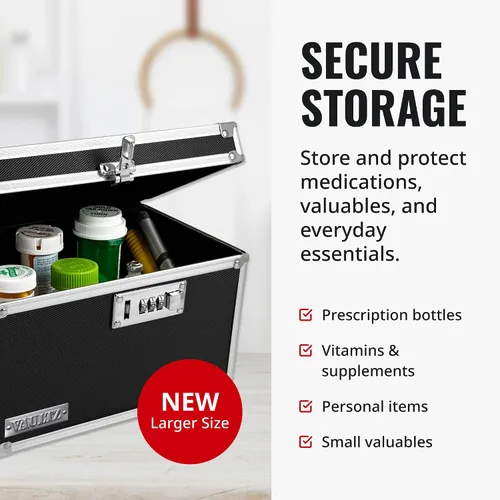 Vista 3 de Vaultz Caja de medicamentos con cerradura de combinación, caja de seguridad de metal segura para medicamentos, píldoras y objetos de valor, pequeña