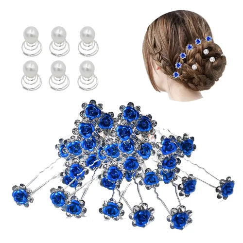 Vista 8 de inSowni Juego de 40 horquillas en forma de U con diamantes de imitación de rosas y 6 horquillas de perlas torcidas en caja de regalo para mujeres