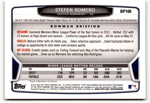 Vista 2 de 2013 Bowman Prospects Hometown #BP106 Stefen Romero NM-MT Mariners