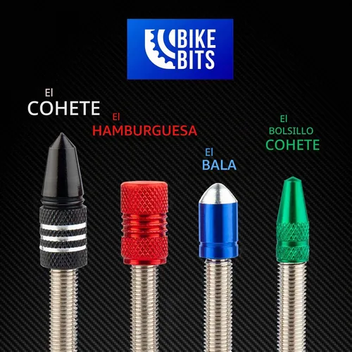 Vista 2 de Presta - Tapones de válvula de aluminio anodizado, uso en válvulas Presta/Francesas, diseños: bala, cohete, hamburguesa, cohete de bolsillo