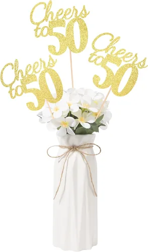 Vista 20 de Gexolenu Cheers to 21, paquete de 10 centros de mesa con purpurina dorada de doble cara para cumpleaños número 21 para mesas, palitos decorativos
