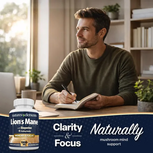 Vista 3 de Natures Elements Hongo melena de león con BioPerine – Extracto 10:1 – 1000 mg melena de león + 10 mg de bioperina – 30% polisacáridos – 60 cápsulas