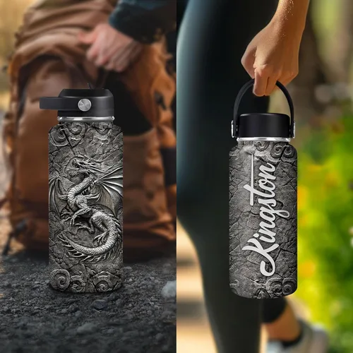 Vista 6 de Hyturtle Botella de agua vikingo personalizada, botella de acero inoxidable aislada de viaje con tapa a prueba de fugas, 18 onzas, 32 onzas, regalos