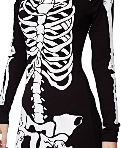 Vista 3 de RieKet - Disfraz de esqueleto para mujer de manga larga, elástico y corto para Halloween