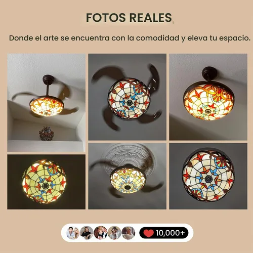 Vista 3 de Ventiladores de techo Tiffany de 42" con luces, ventilador de techo de vidrio manchado, ventilador de techo retráctil con candelabro y control