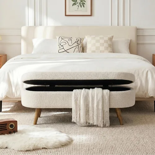 Vista 6 de 43.5” Storage Ottoman Bench，Upholstered Oval End of Bed Bench for Bedroom Beige
