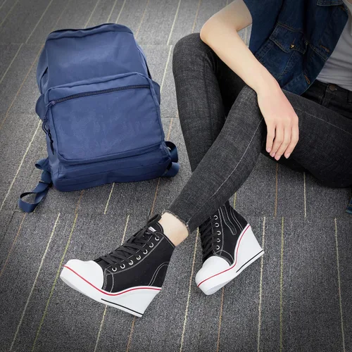 Vista 5 de Zapatos deportivos de cuña para mujer, plataforma de tacón alto, zapatos de lona con cordones y cremallera, zapatos de tenis de plataforma