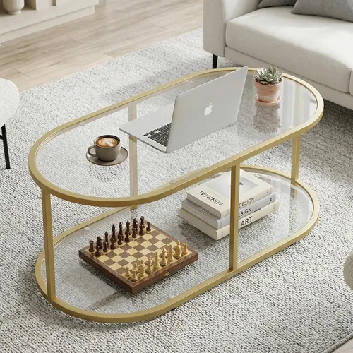 Vista 12 de Mesa de café Wolawu Mesas de café de vidrio negro para sala de estar, mesa de centro ovalada con marco de metal resistente, mesas de acento modernas