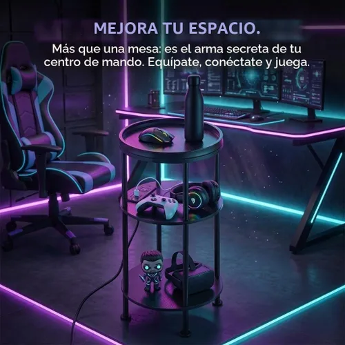 Vista 6 de Mesa auxiliar redonda pequeña con estación de carga para espacios pequeños, mesa decorativa de 3 niveles con puertos USB y tomas de corriente, mesa