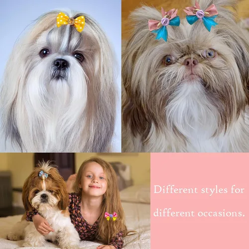 Vista 7 de 200 lazos para el pelo de perro, 100 pares de lazos de metal con clip para perro con perlas y flores para peluquero, niño, niña, Yorkie, cachorros