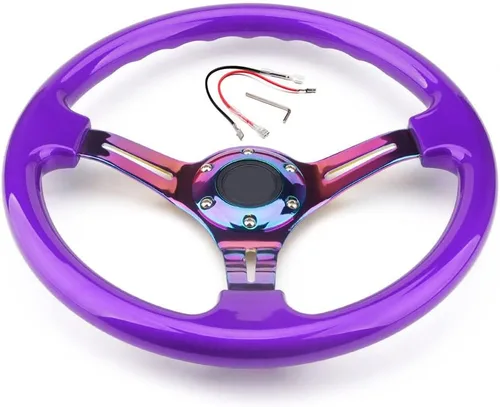 Vista 9 de Volante de Carreras de Coche de 6 Pernos Marco de Radios Neo Cromado Arcoíris Volante Universal de Posventa Compatible con Coche y Juego de Negro