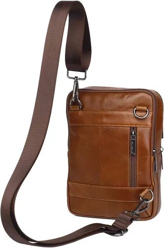 Vista 5 de Hebetag Bolso bandolera de cuero pequeño para hombres y mujeres, para viajes al aire libre, negocios