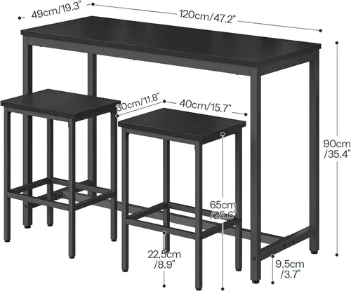 Vista 3 de HOOBRO Juego de mesa y sillas de bar, mesa rectangular de 47.2 pulgadas con 2 taburetes para espacio pequeño, juego de taburetes de desayuno de 3