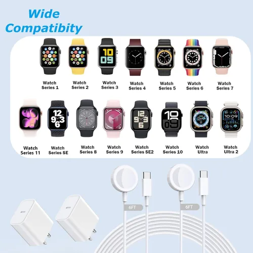 Vista 7 de Carga rápida para cargador de Apple Watch, paquete de 2 bloques de cargador PD USB C Fast iWatch con cable inalámbrico magnético de 6 pies