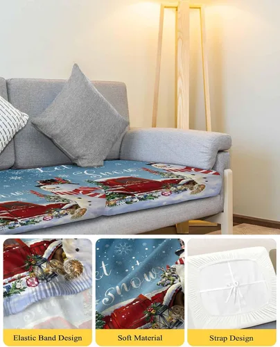 Vista 4 de Blue Snowman Christmas Couch Cushion Covers, Stretch Sofa Cover with Elastic Bottom, Xmas Tree Truck Winter Snowflake Sofa Slipcovers Protector