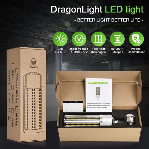 Vista 7 de DragonLight Bombilla LED de maíz mejorada de 60 W sin ventilador (reemplazo de 200 vatios MH/HPS) E26/E39 lámpara LED de base de Mogul grande 6000K