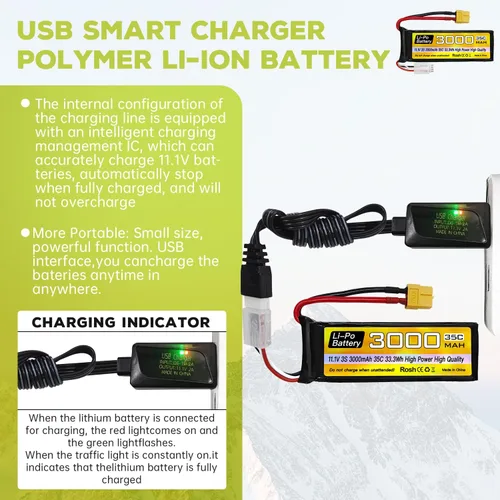 Vista 3 de 3S Lipo Batería 11.1 V 3000 mAh 35C con enchufe XT60 con cable de carga USB para RC Car Truck RC Barco Quadcopter FPV Drone