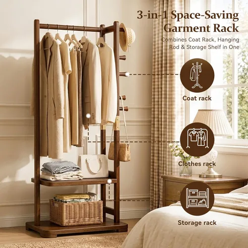 Vista 3 de Taitiy Perchero de Madera Maciza Perchero para Abrigos con 2 Estantes y 4 Ganchos para Colgar Ropa, Prendas, Carteras, Sombreros, Perchero de Ropa