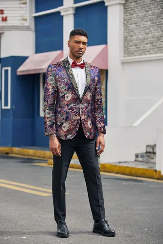 Vista 4 de COOFANDY Chaqueta de traje floral para hombre, chal, solapa, ajuste delgado, elegante, vestido, traje de graduación, fiesta, boda, blazer