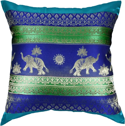 Vista 2 de AeraVida Juego de 2 fundas de cojín inspiradas en elefantes tailandeses y sol en rayas azul real y verdes, para decoración colorida y moderna