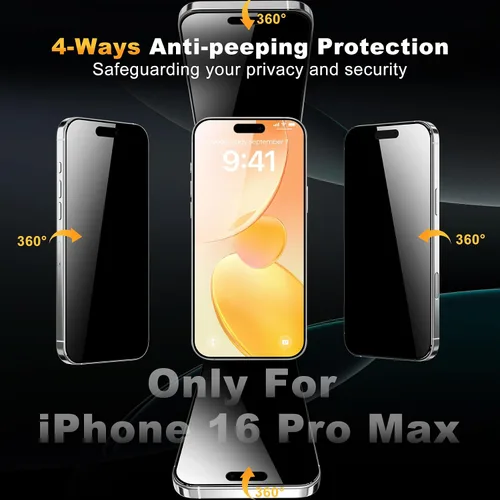 Vista 2 de Fotbor [Paquete de 3] Protector de pantalla de privacidad compatible con iPhone 16 Pro Max, vidrio templado antiespía de 4 vías de 360° con bandeja