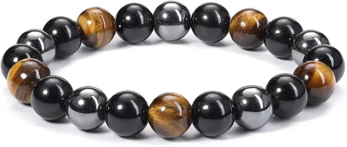 Vista 3 de Jovivi Pulsera de piedra de ojo de tigre de obsidiana negra de hematita para hombres y mujeres, de 0.394in, cuentas de piedras preciosas redondas