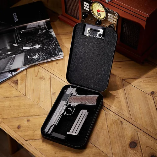 Vista 2 de Caja de seguridad portátil para armas con cerradura de combinación, pequeña caja fuerte oculta para pistola para mesita de noche de coche, caja