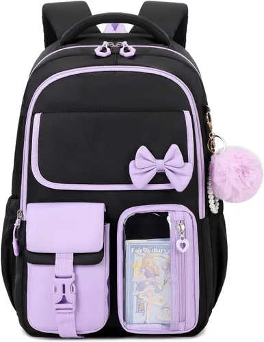 Vista 15 de Mochila para niñas, mochila escolar para niñas, bonita mochila con lazo para niñas, niños y adolescentes, para estudiantes de escuela primaria