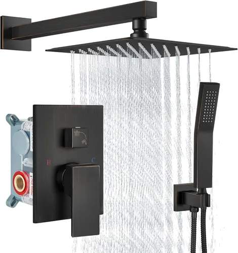 Vista 11 de Aolemi Sistema de ducha tipo lluvia de 12 pulgadas, cabezal de ducha cepillado Nikcel Combo Set con ducha de mano válvula de montaje en pared grifo