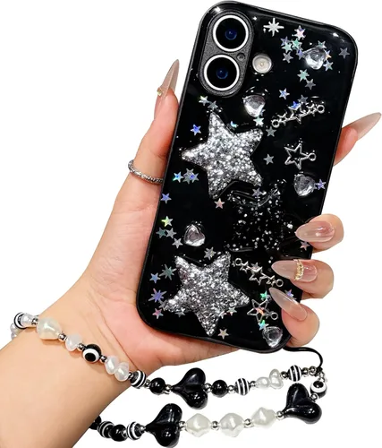 Vista 41 de Compatible con iPhone 11 Pro Funda Transparente Bonita con Diseño de Estrella con Purpurina en 3D con Perlas y Pulsera de Perlas, Diseño de Cadena