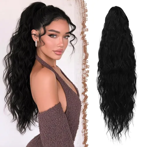 Vista 26 de FESHFEN Extensiones de cola de caballo – 26 pulgadas cordón largo rizado ondulado clip en colas de caballo pelo sintético extensiones de cola