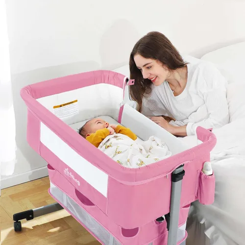 Vista 10 de Ihoming Moisés para bebé, cuna lateral con cesta de almacenamiento, cuna plegable fácil, cama ajustable para bebé recién nacido, gris