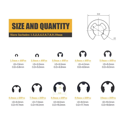 Vista 2 de Juego surtido de 300 piezas de acero aleado negro E Clip E-Clip Anillo de retención externo (M1.5-M10,300 PCS)