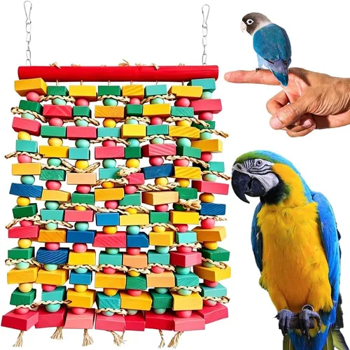Vista 7 de Juguetes de pájaros extra grandes para guacamayos, bloques de madera multicolor juguete para masticar pájaros, jaula de loro, juguete de mordida