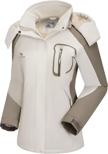 Vista 2 de Camel Crown Chaqueta de esquí para mujer, abrigo de nieve para invierno, vellón cálido, impermeable, chaqueta para snowboard M-Beige