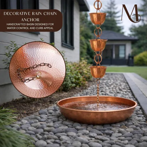 Vista 6 de Monarch Rain Chains 17025 Cuenca de Anclaje de Cadena de Lluvia Martillada a Mano para Bajantes de Canaletas Plato Decorativo de Fuente