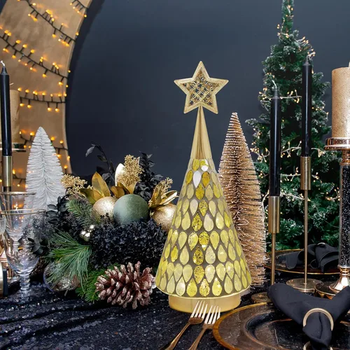 Vista 3 de Árbol de Navidad de vidrio con mosaico dorado con estrella, 2 piezas de árboles de Navidad pequeños de mesa con luz, árbol de Navidad a